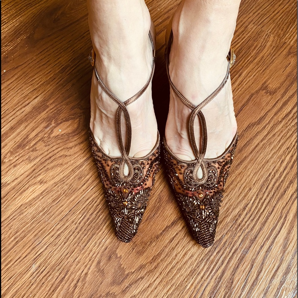 Vintage Valerie Stevens Brown Beaded Heels Size 6